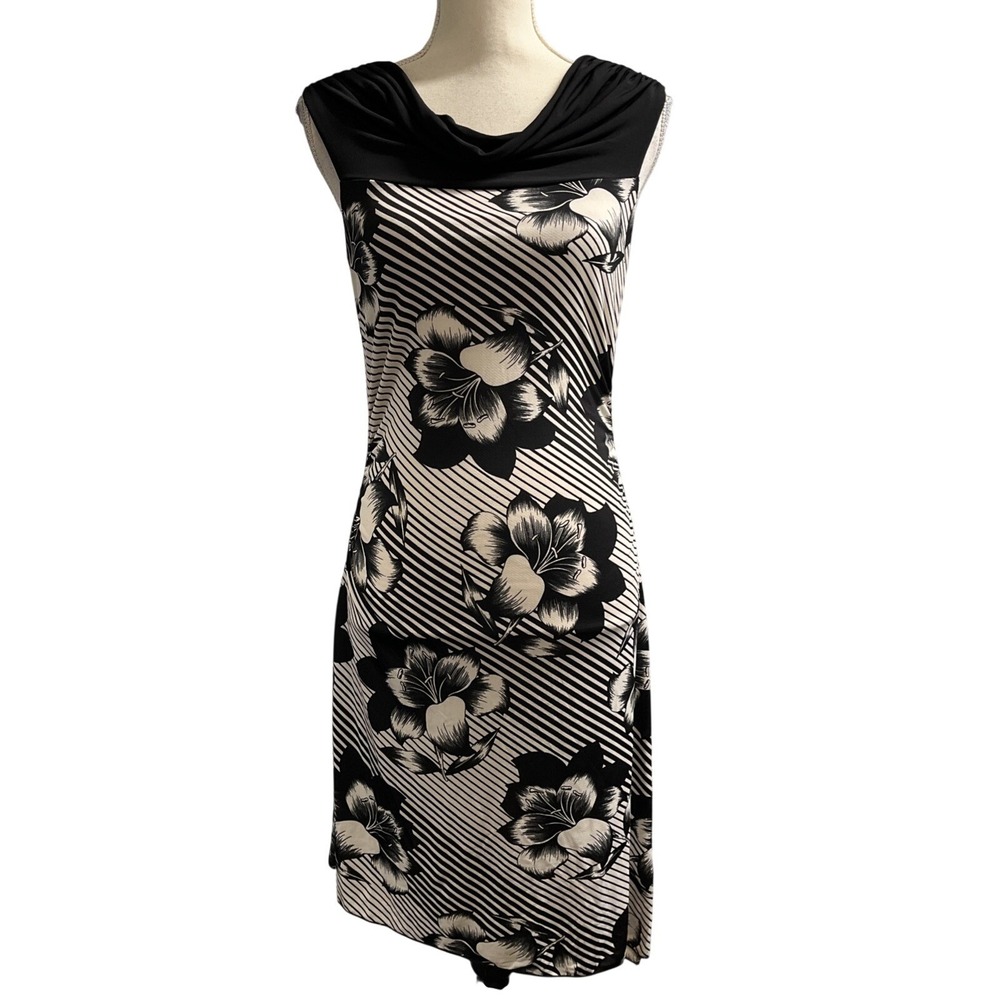 Vintage Y2K Ragβ Dress Black Floral Striped Drape Neck Size S Asymmetrical